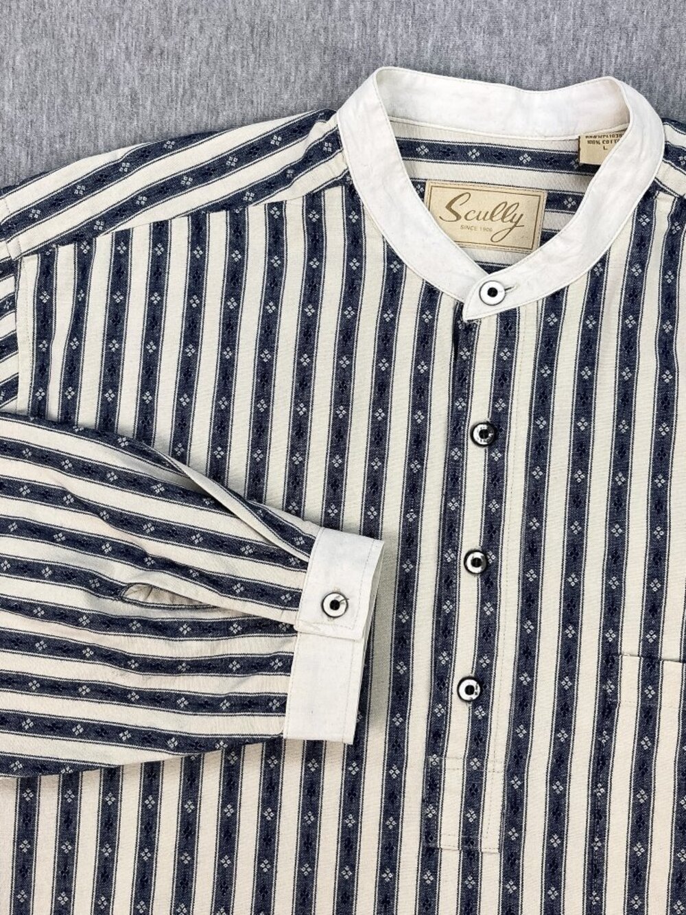 Scully Western Grandfather Shirt Mens L Blue/Ivory Stripe Band Collar Old West